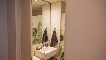 Hair dryer, bidet, towels, soap