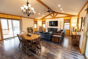 Télévision, cheminée, chaîne hi-fi