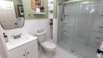 Eco-friendly toiletries, hair dryer, towels