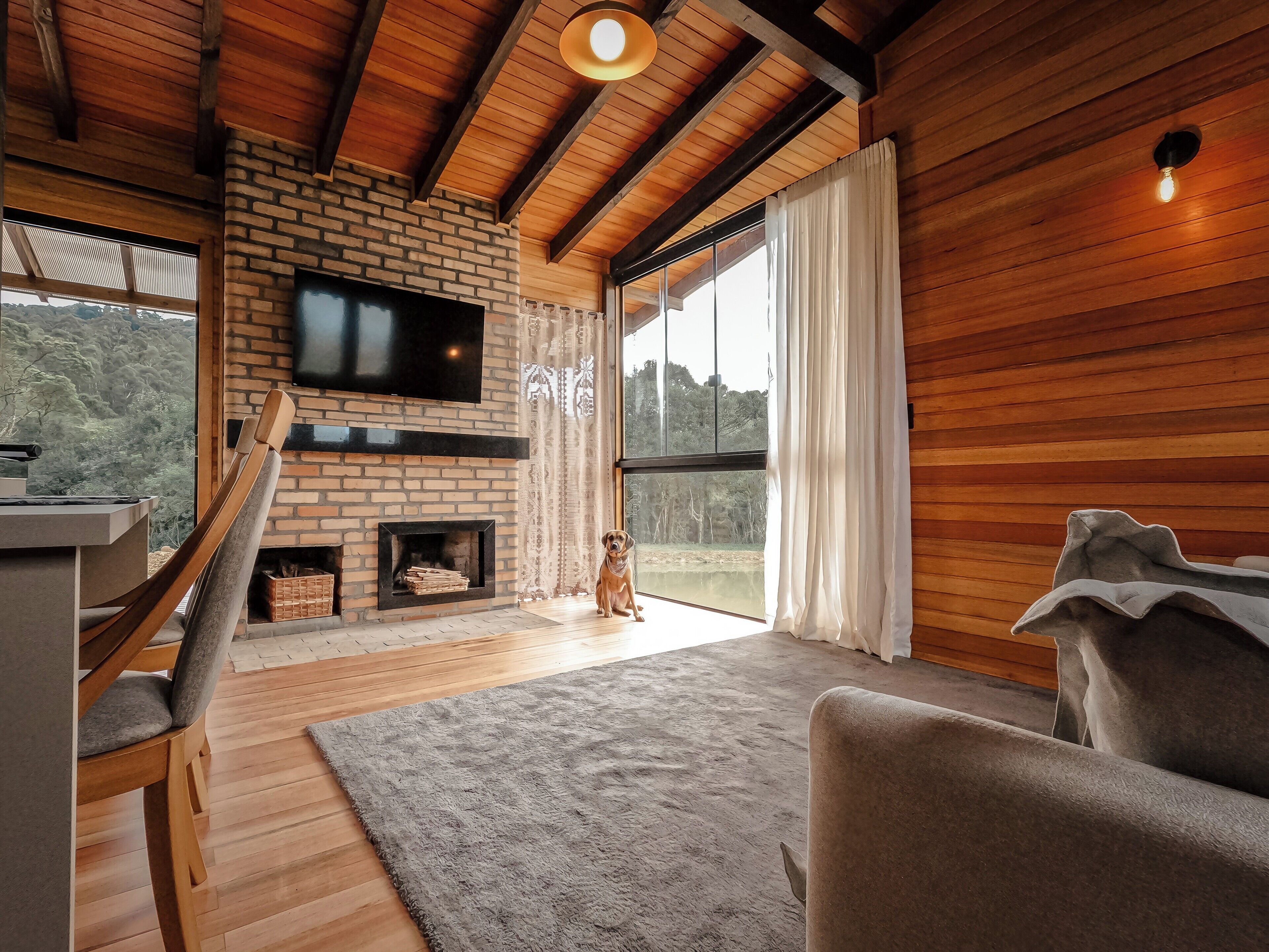 Deluxe Cabin, Jetted Tub, Lakeside | Living room | Fireplace