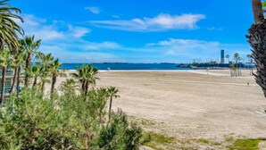 A beach with palm trees and a clear blue sky. - Long Beach Condo Home -Minutes Walk To The Beach (Long Beach)