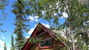 A small wooden cabin with a red door and windows, surrounded by trees and a clear sky.