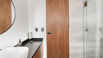 Appartamento Deluxe, vista città | Bagno | Doccia, soffione a pioggia, asciugacapelli, asciugamani