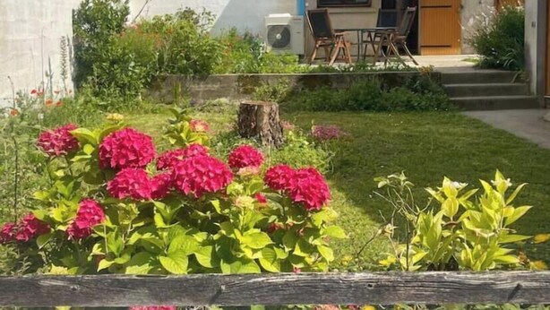 A residential property with a tiled roof, a small outdoor seating area with chairs and a table, and a garden with pink flowers. - Village house with garden  (Monségur)