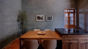 Un'area pranzo con un tavolo di legno, sedie, una pianta in vaso e quadri appesi al muro.