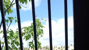 A view through a window with metal bars, featuring a body of water, greenery, and distant hills. - Pousada Sol Nascente (Beberibe)