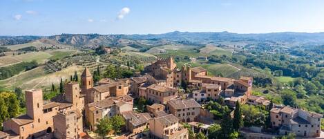 A historic town with medieval architecture, including towers and fortified walls, surrounded by rolling hills and vineyards.