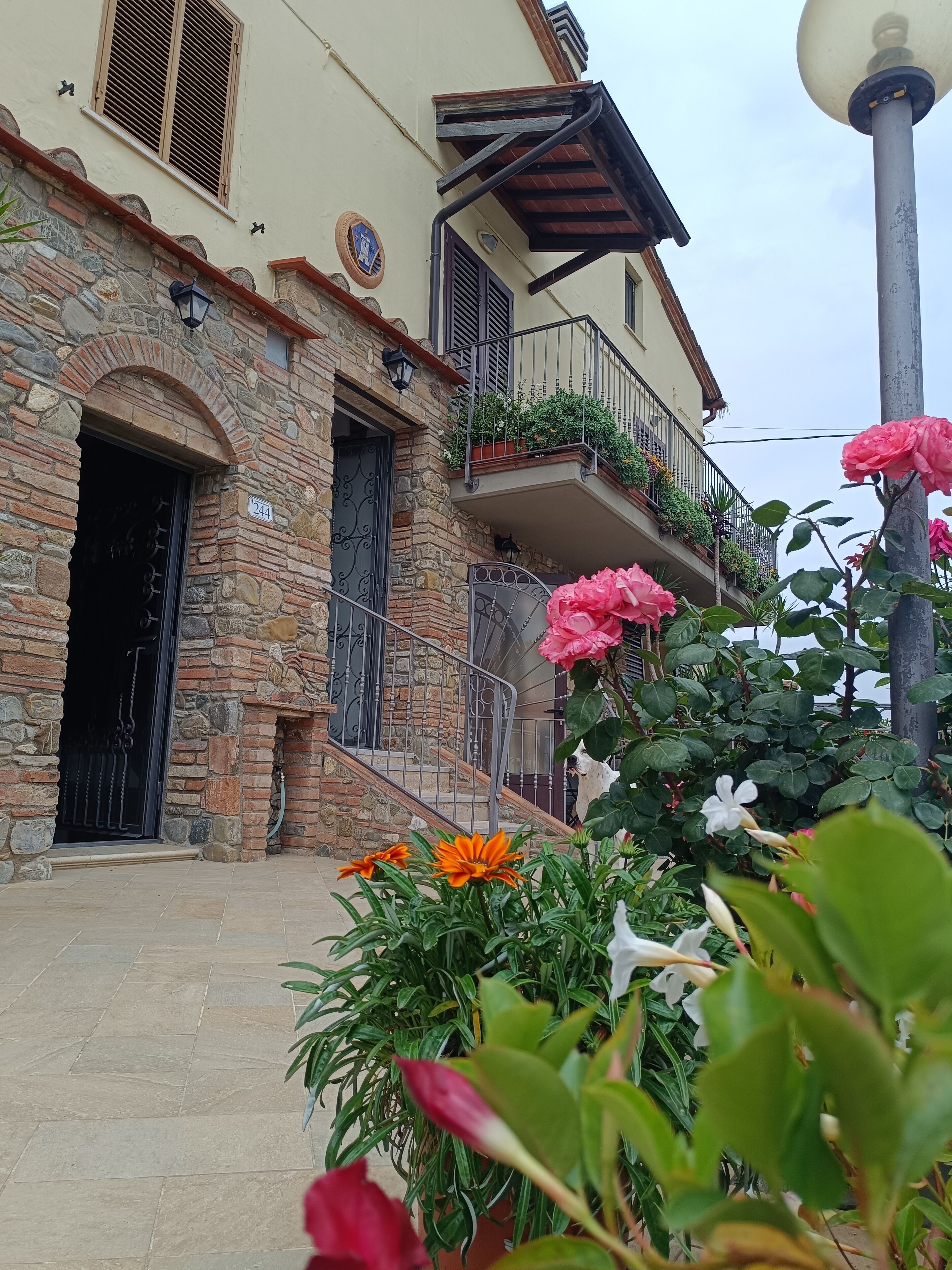 A stone building with a balcony, a door, and a number '244' sign.