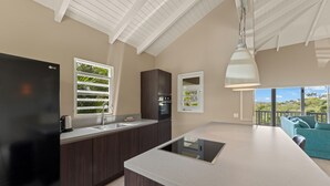 A modern kitchen with dark wood cabinets, a black refrigerator, and a large island. - Jan Thiel Jewel (Jan Thiel)