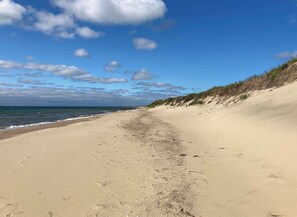 A beach with a clear sky and gentle waves.