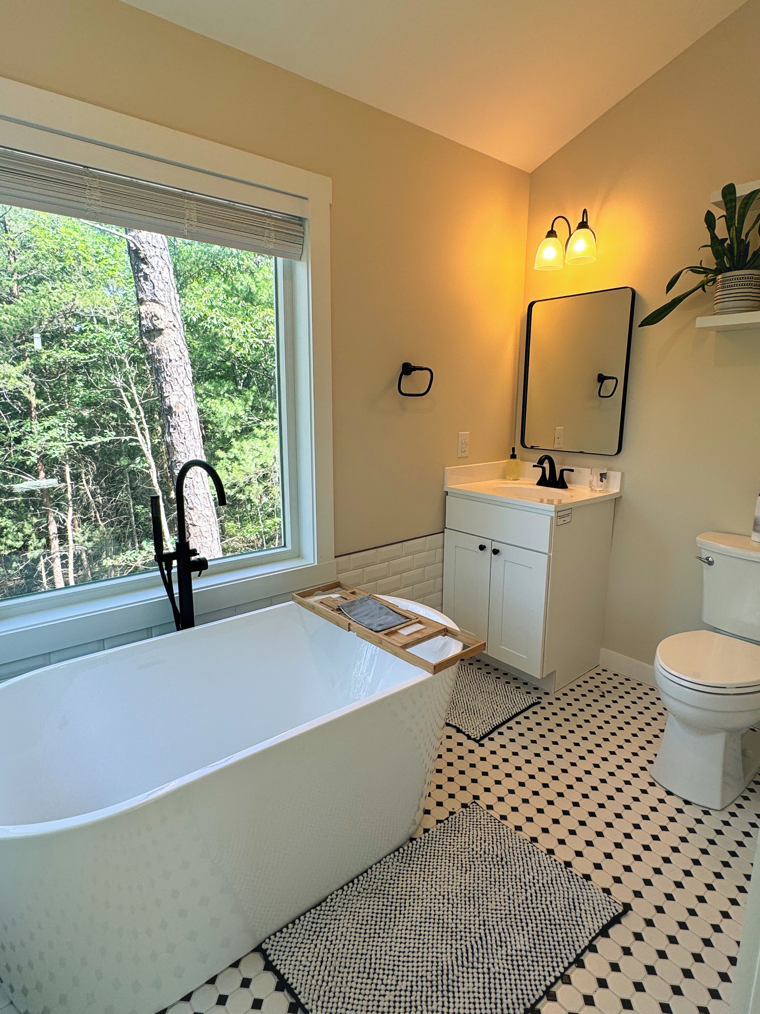 Shower, towels, soap, toilet paper