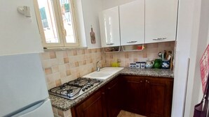 Uma cozinha compacta com fogão a gás, pia e armários de madeira.