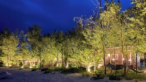 A cabin surrounded by pine trees at night, with outdoor lighting and a hammock. - Le Grand Bleu (Tatsugo)