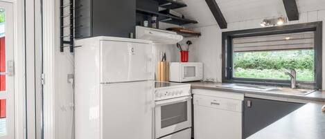 Fridge, microwave, dishwasher, cookware/dishes/utensils
