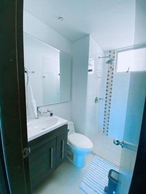 Shower, hair dryer, towels