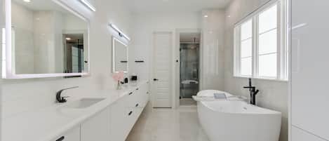 Shower, jetted bath, hair dryer, bidet