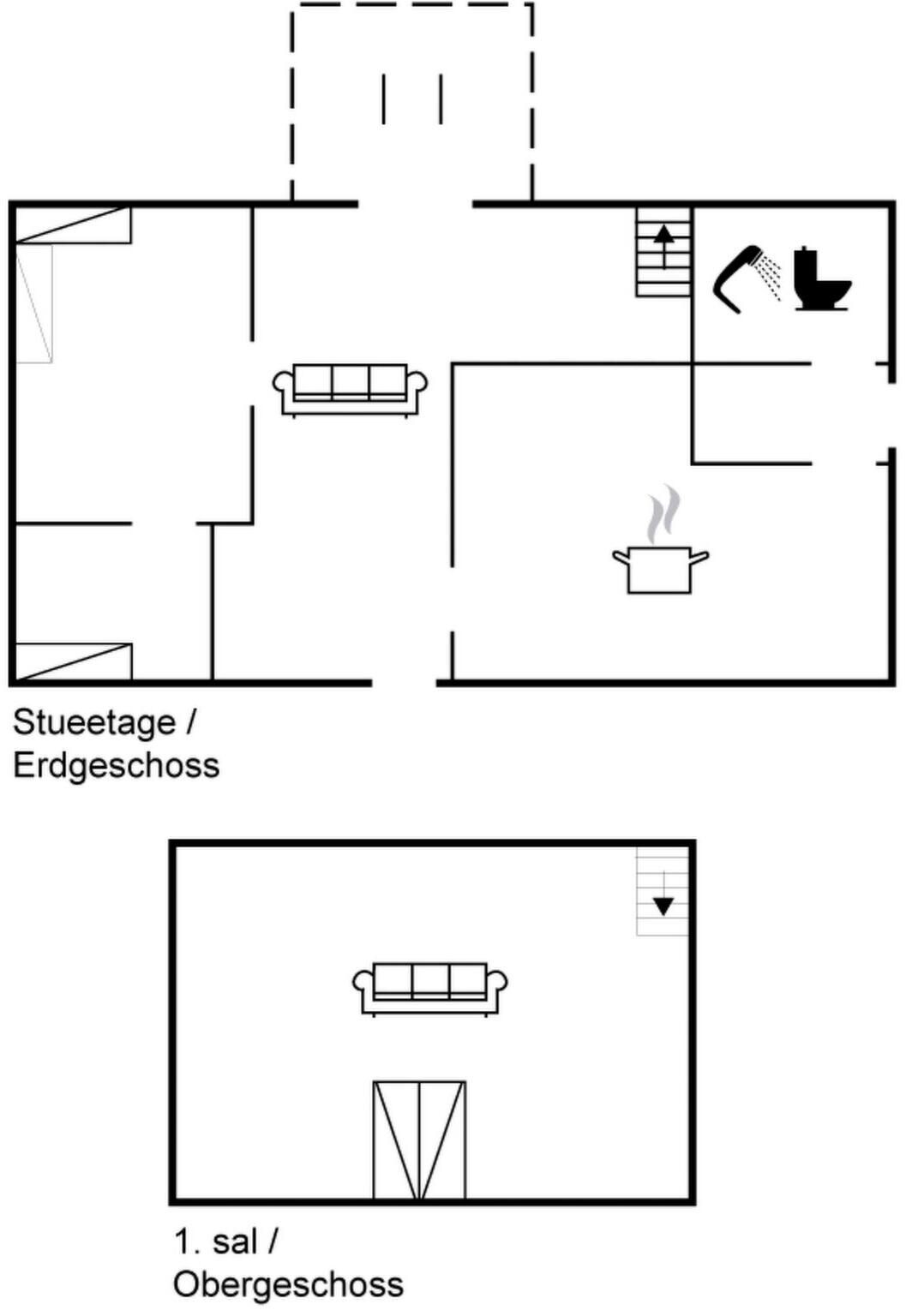 Een plattegrond met een kitchenette, een badkamer en een woongedeelte.