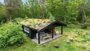 Een klein huisje met een groen dak, omgeven door dicht bos.
