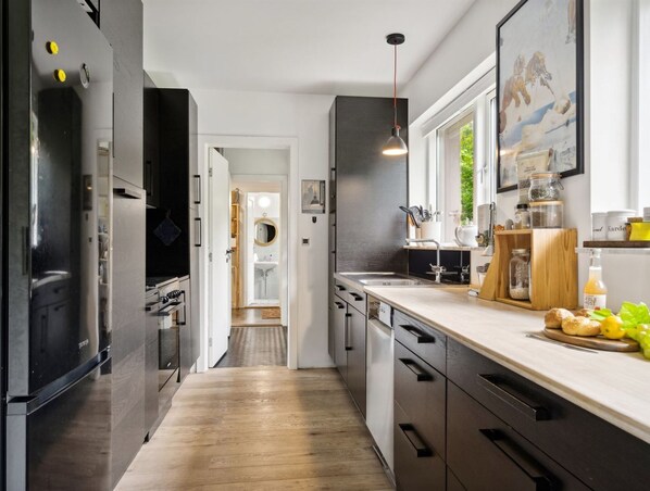 Fridge, oven, dishwasher, cookware/dishes/utensils