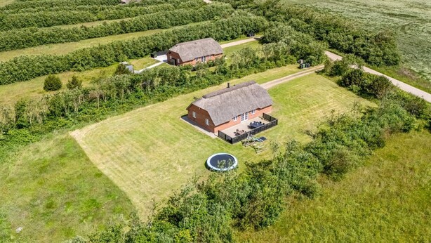 An aerial view of a rural property with two thatched-roof houses, a circular swimming pool, and expansive fields. - "Birette" - 1.2km from the sea by Interhome (Ulfborg)