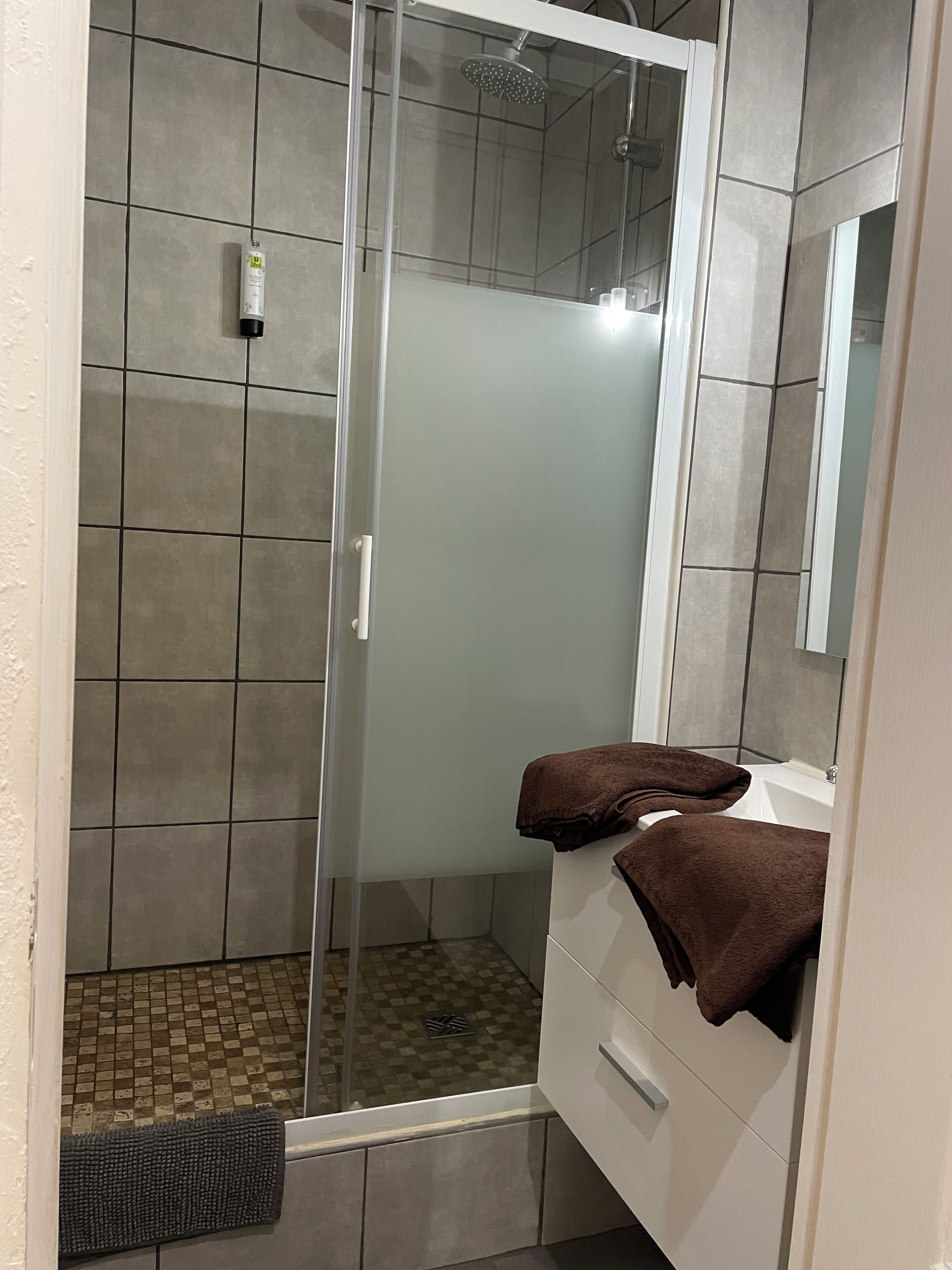 Douche, sèche-cheveux, serviettes fournies, savon