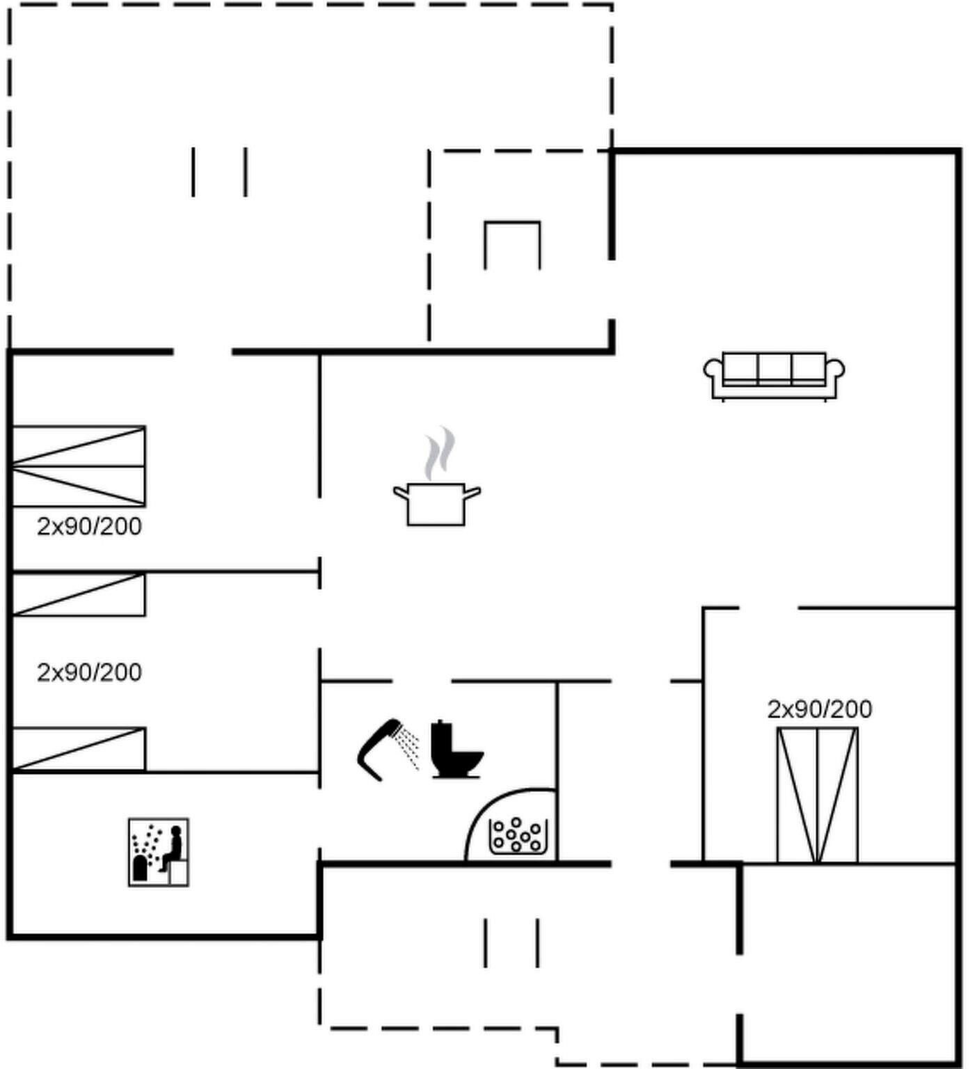 Ein Grundriss mit einer Küche, einem Wohnbereich und einem Badezimmer.