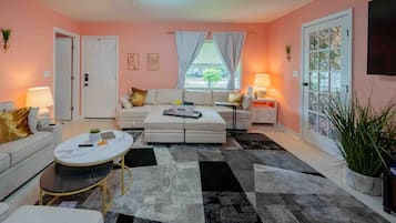 Smart TV, fireplace, books