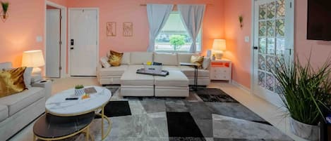 Smart TV, fireplace, books