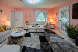 Smart TV, fireplace, books