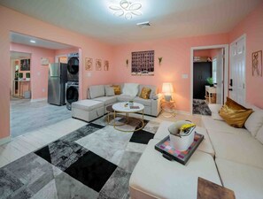 Smart TV, fireplace, books