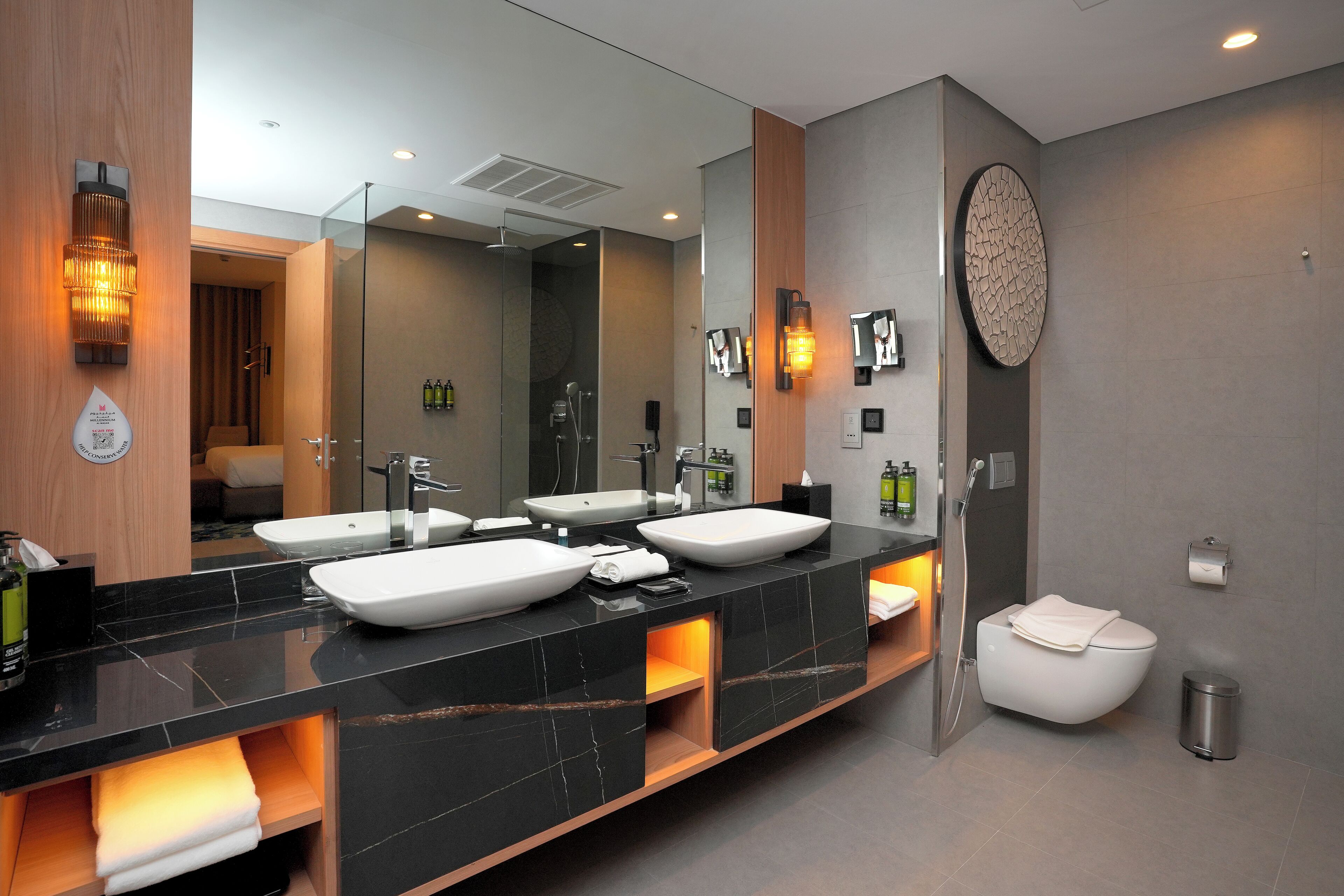 Shower, hair dryer, slippers, towels
