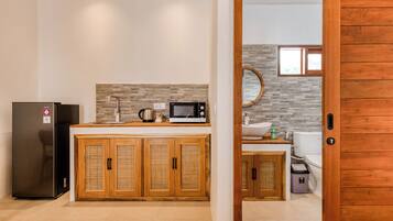 Standard Double Room, Pool View | Private kitchenette | Fridge, microwave, dining tables