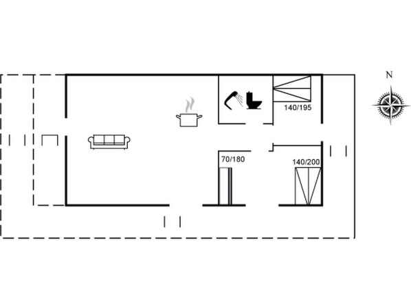 Un plan d’étage comprenant un coin cuisine, une cuisinière, un évier et un espace douche.