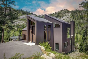 A modern two-story house with a sloped roof, large windows, and a stone pathway leading to the entrance.