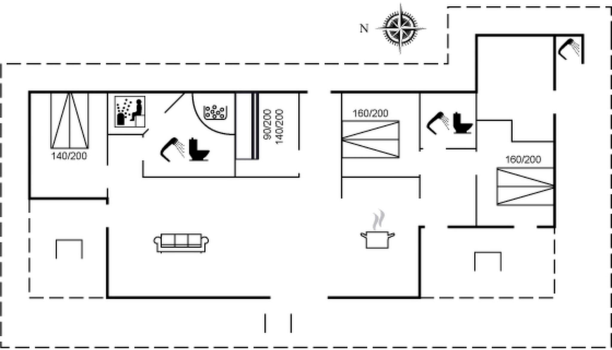 A floor plan with a bedroom, bathroom, and kitchen area.