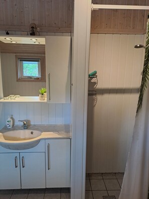 Un bagno con lavandino, specchio, finestra, doccia e una pianta in vaso.