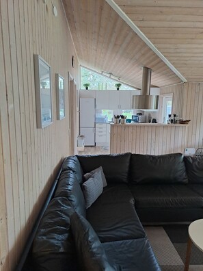 A wooden interior with a black leather sofa, a kitchen area, and a window. - Cozy summer house and annex in tranquility (Glesborg)