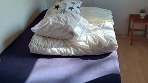 A single bed with a star-patterned pillow, a bedside lamp, and a small table with a plant. - Charming summer house in an idyllic area. (Odder Gylling)