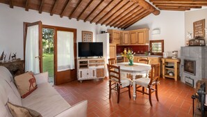 A spacious living room with a fireplace, a dining area, and a kitchen with wooden cabinets and a tiled backsplash. - Wonderful private villa with A/C, WIFI, pool, TV, patio and pets allowed, close to Greve In Chia... (Castellina In Chianti)