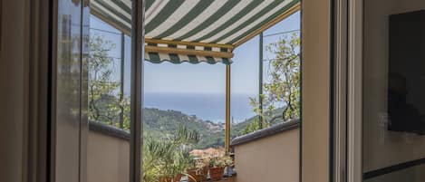 A balcony with a striped awning, potted plants, and a view of the sea and hills.