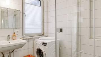 Hair dryer, towels, soap, toilet paper