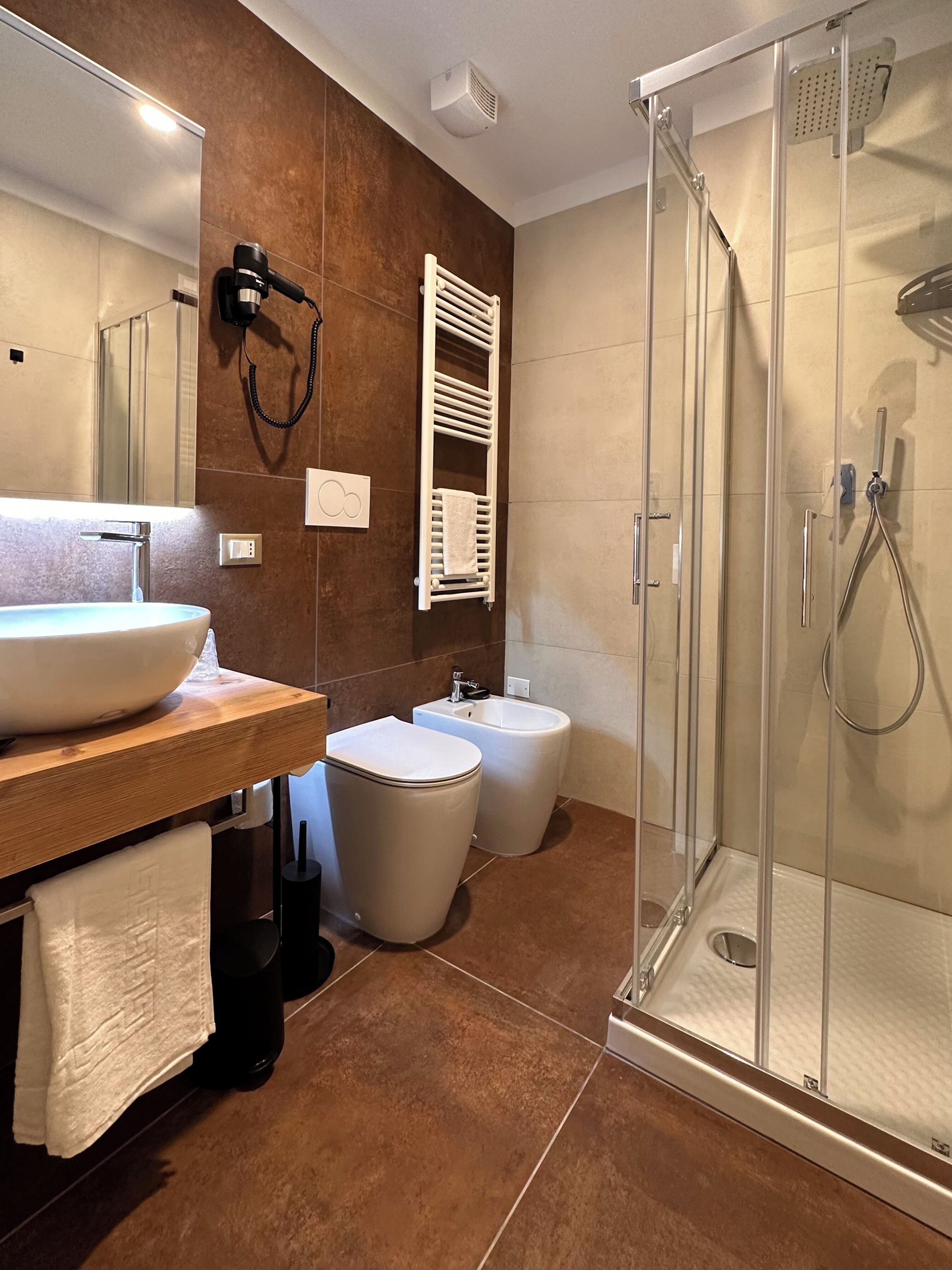 Dusche, Regendusche, umweltfreundliche Kosmetikartikel, Haartrockner