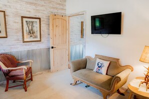 Smart TV, fireplace, books