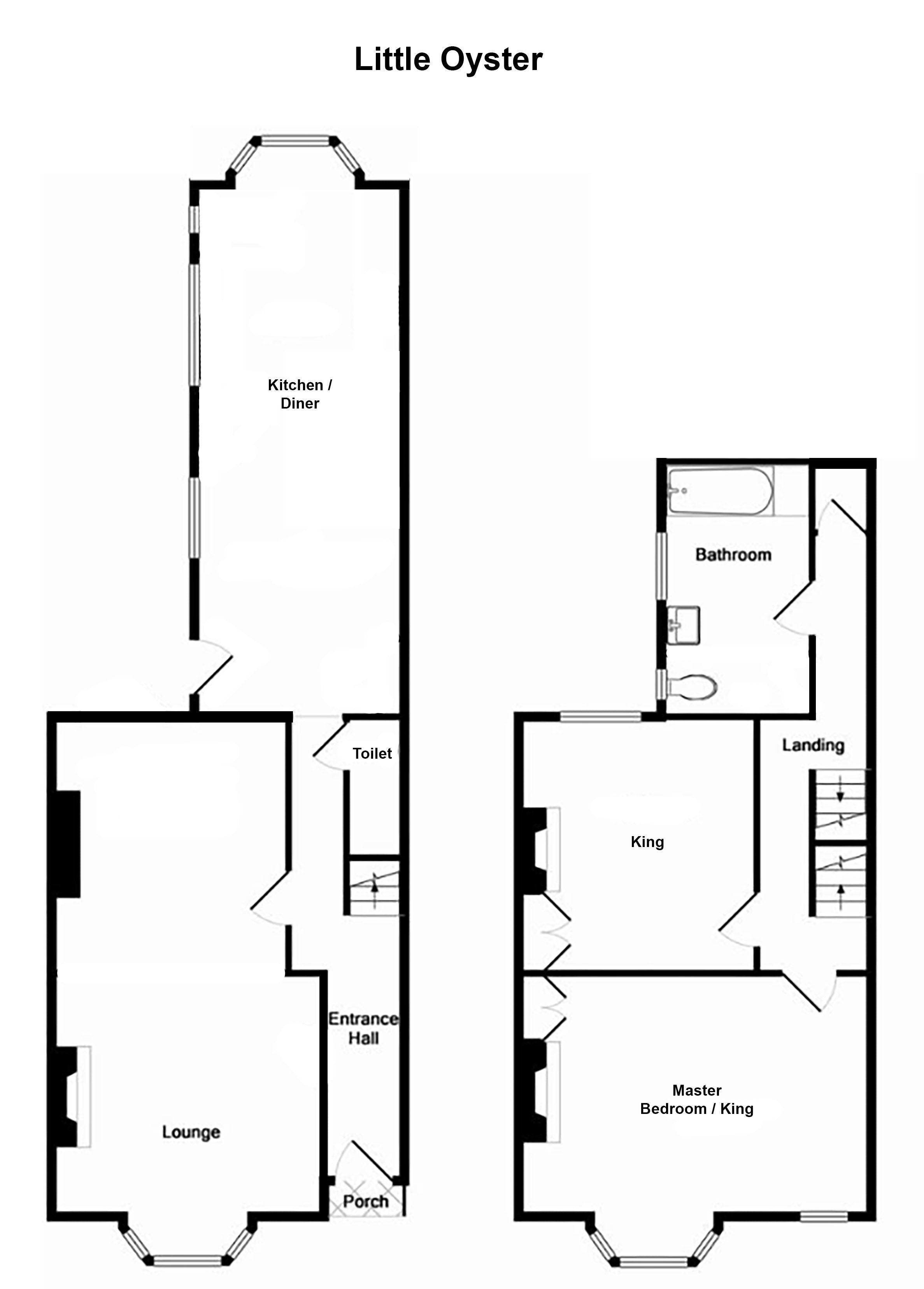 A floor plan of a hotel named Little Oyster, featuring a lounge, entrance hall, porch, kitchen/diner, bathroom, landing, and master bedroom/king room.