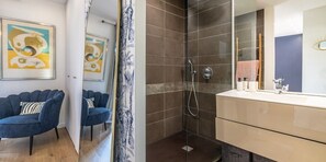 Shower, hair dryer, soap, shampoo