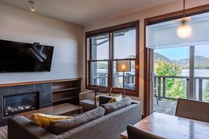 Télévision, cheminée, chaîne hi-fi, espaces bureaux