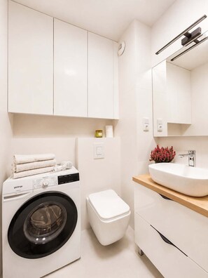 Shower, hair dryer, towels