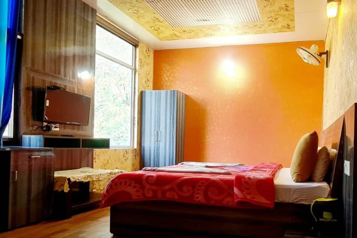Una camera da letto con un letto, una televisione e un armadio.