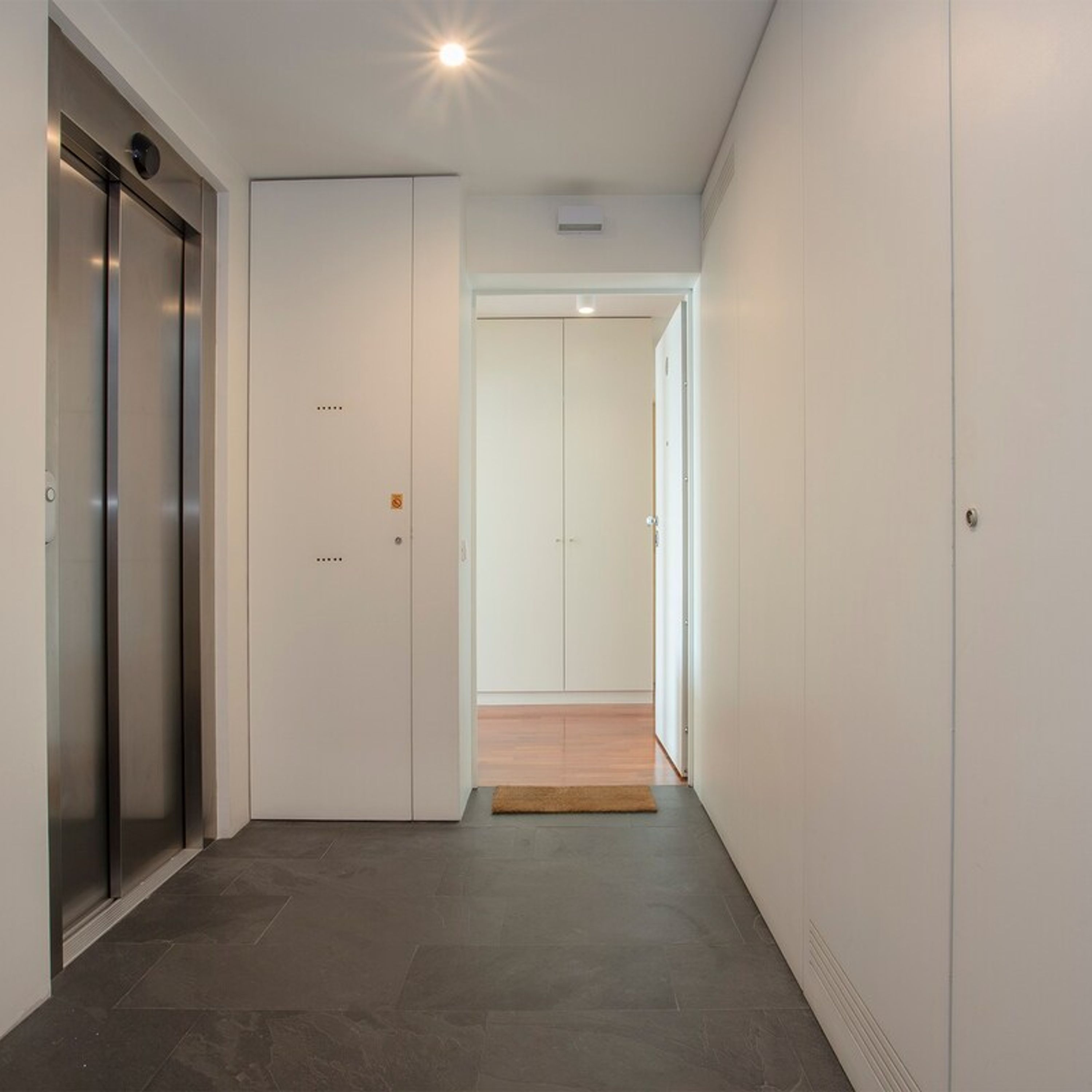 Un couloir moderne avec un ascenseur métallique, une porte blanche et un plancher en bois menant à une pièce dotée d’une grande armoire.