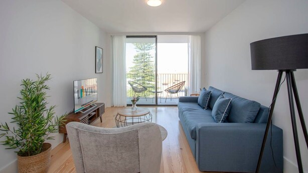 Un salon moderne avec un canapé, un téléviseur, une plante en pot et un balcon agrémenté de mobilier d’extérieur.